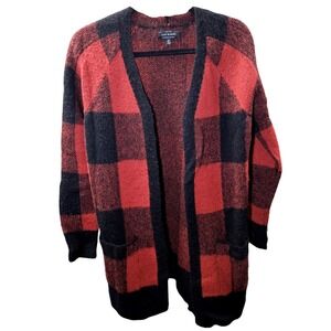 Lucky Brand Buffalo Check Cardigan Sweater Small Red Black Open Knit Cozy Grunge
